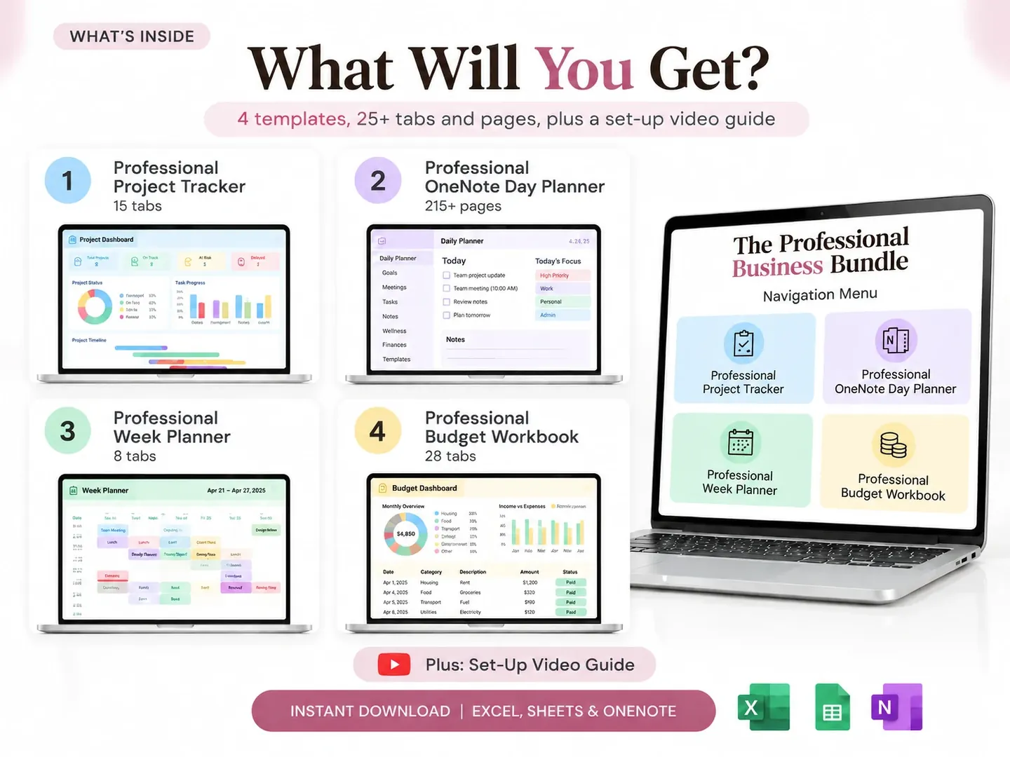 Professional Business Bundle contents image showing the OneNote Day Planner alongside its spreadsheet files