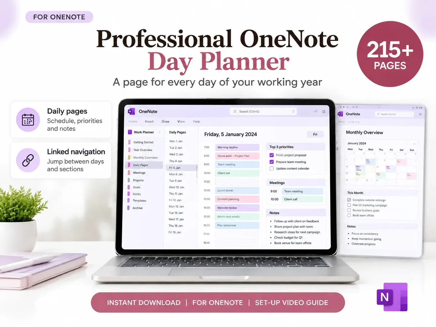 OneNote day planner view inside a Professional Business Bundle product preview